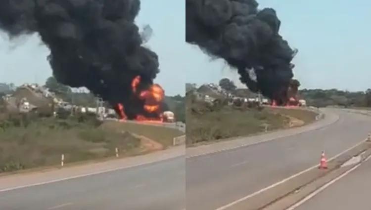 Colisão entre três caminhões deixa vítima fatal na BR-070; carreta explodiu