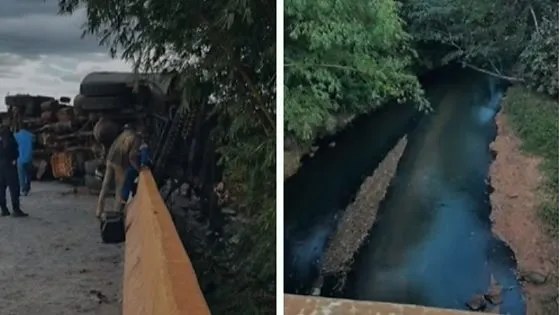 Caminhão tomba e derrama piche em rio de cidade do interior de MT; prefeito alerta para racionamento de água