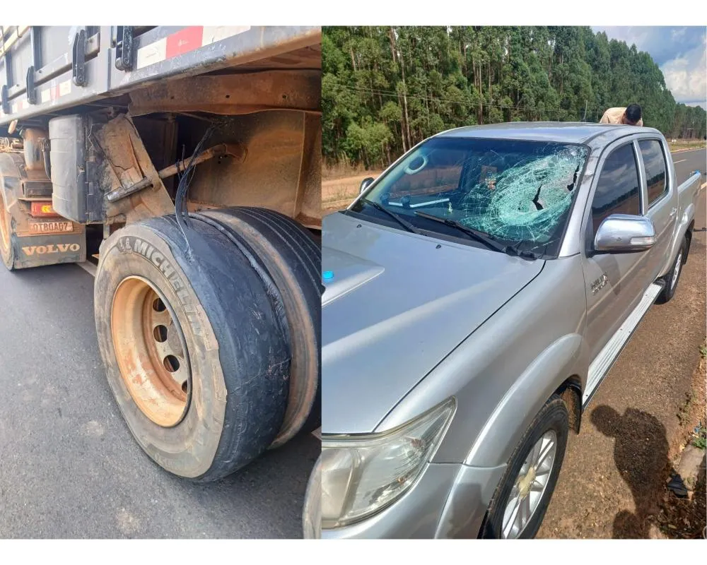 Pneu de carreta estoura na BR-364 e estilhaços ferem ocupante de carro de passeio