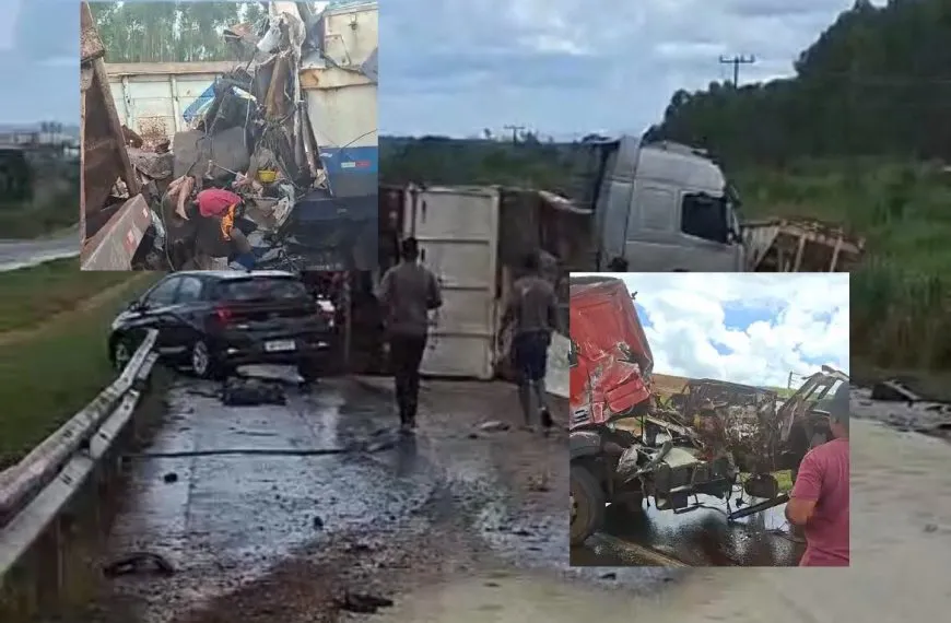 Acidente entre moto e carretas deixa 2 mortos e 5 feridos na BR-163