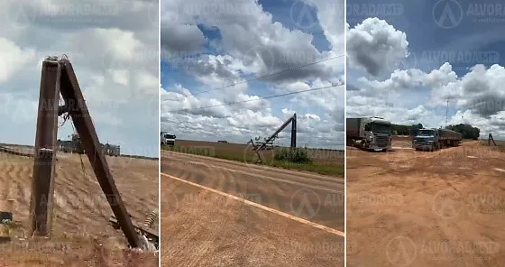 Plantadeira derruba poste e provoca queda em sequência na MT-235, entre Trivelato e Nova Mutum/MT