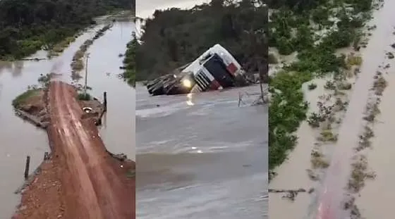 Carreta tomba em rio após estrada de acesso a fazendas e comunidade indígena ficar alagada em MT
