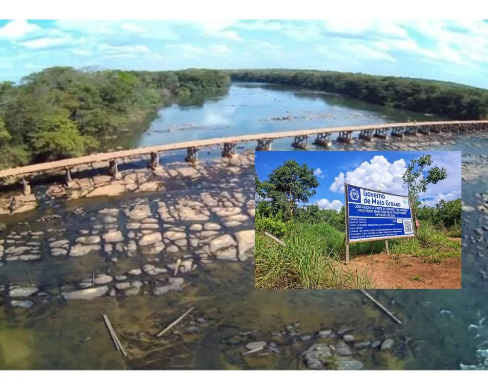 Governo de Mato Grosso instala placa de obra da nova ponte de concreto no rio Teles Pires entre Trivelato e Paranatinga