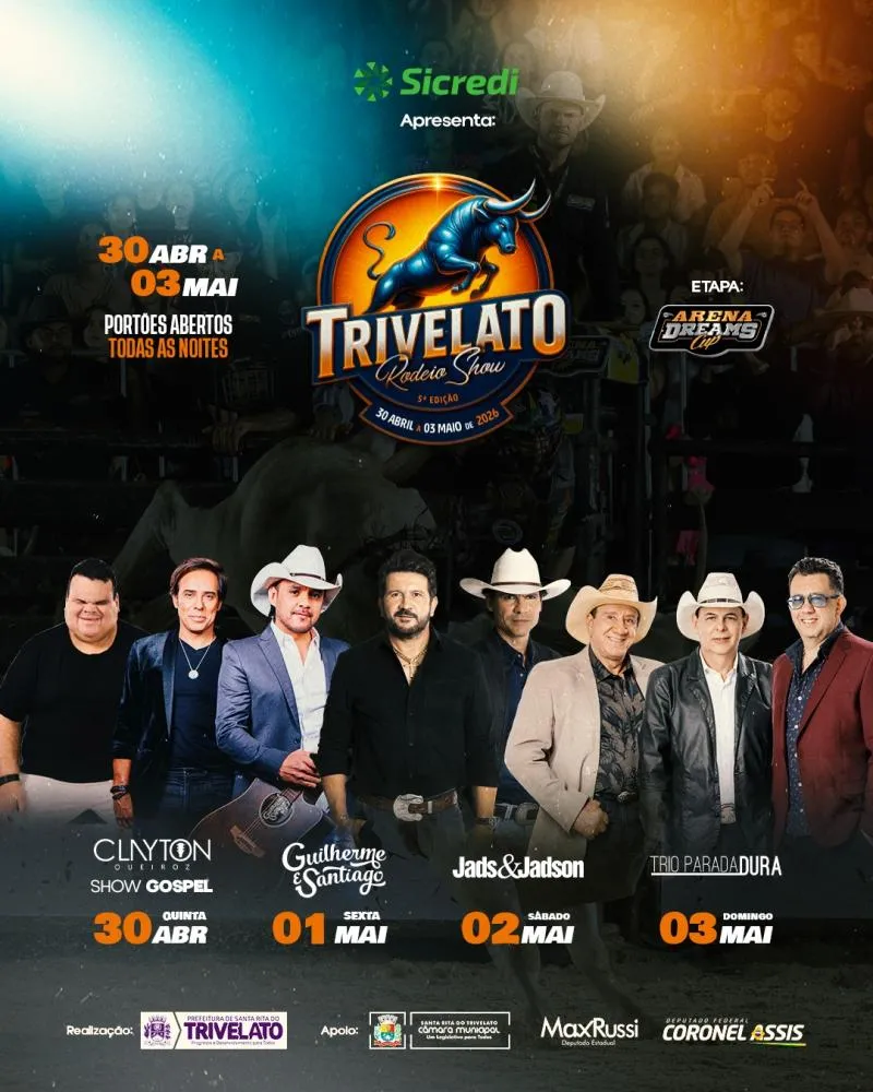 Trivelato Rodeio Show 2026 começa nesta sexta-feira (1º); programação vai até domingo (03/05)