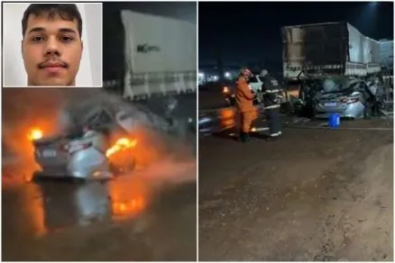 Câmera flagra momento em que jovem bate carro em carreta em MT