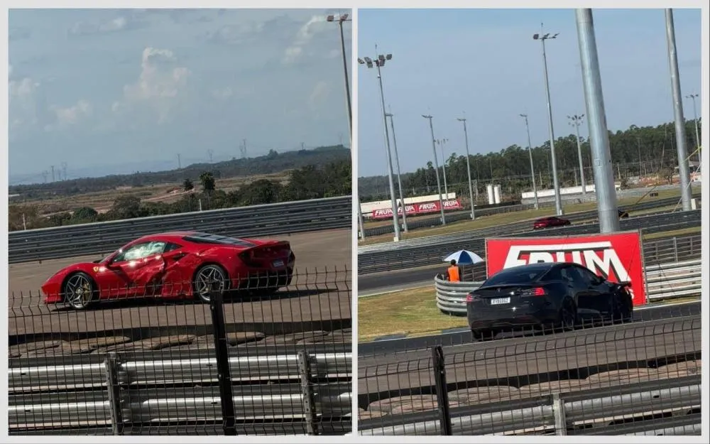 Tesla bate em Ferrari durante desfile de carros na Fórmula Truck em Cuiabá
